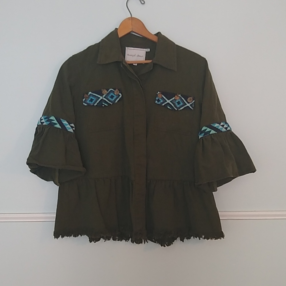 Anthropologie green Aztec print jacket EUC size XS